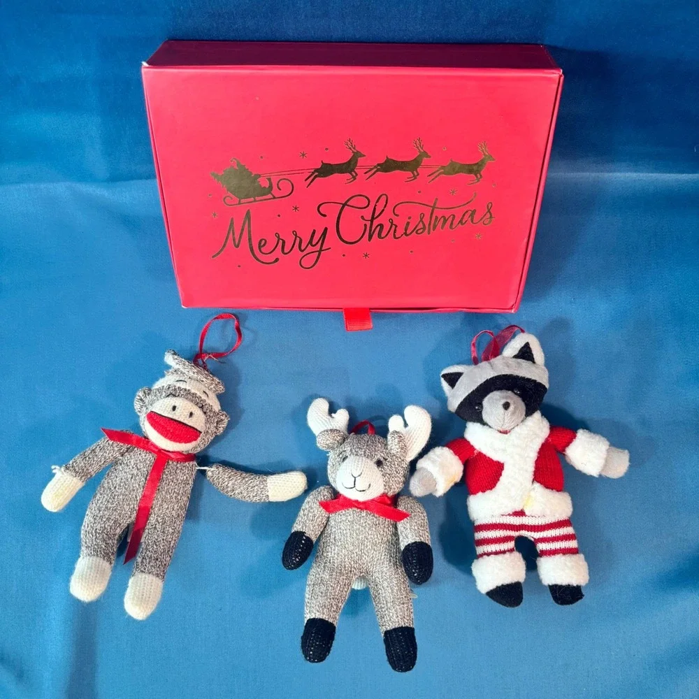 Midwest Cannon Falls Knit Christmas Ornaments Sock Monkey Moose Raccoon Lot of 3